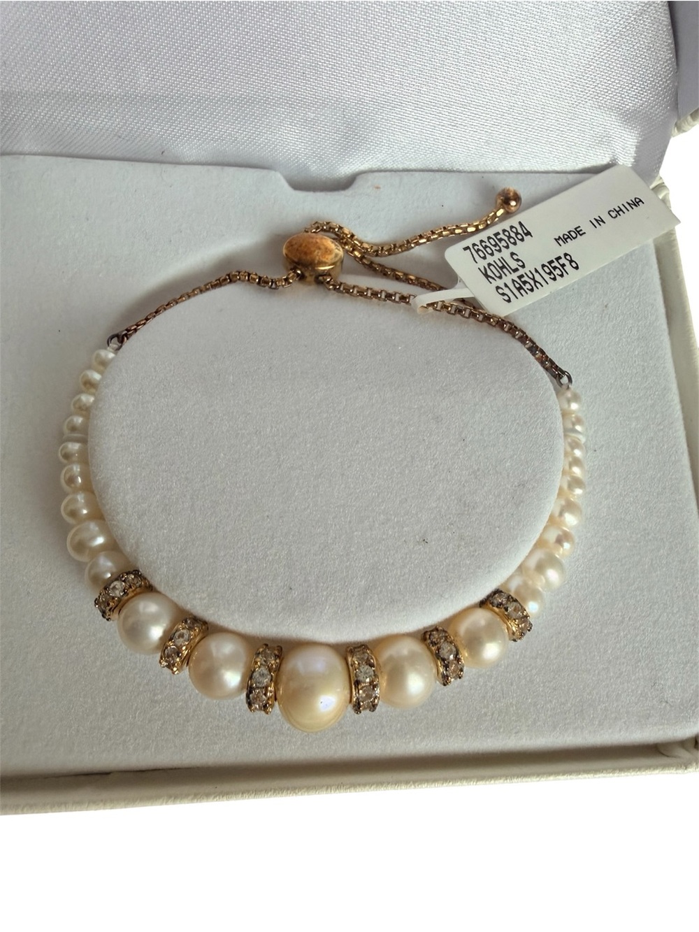 Adjustable Pearl and Crystal Station Bracelet - Gold Tone